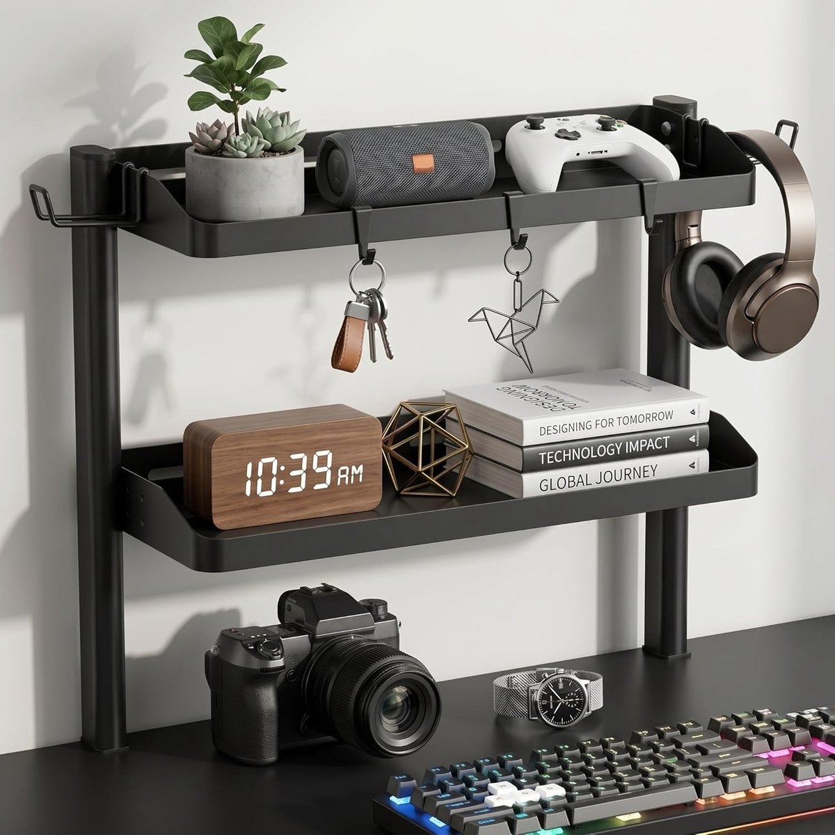 2-laags clamp-on bureau-organizer met hoofdtelefoonhouders en haken, ideaal voor gaming-apparatuur en kantoorbenodigdheden, eenvoudig te installeren zonder boren