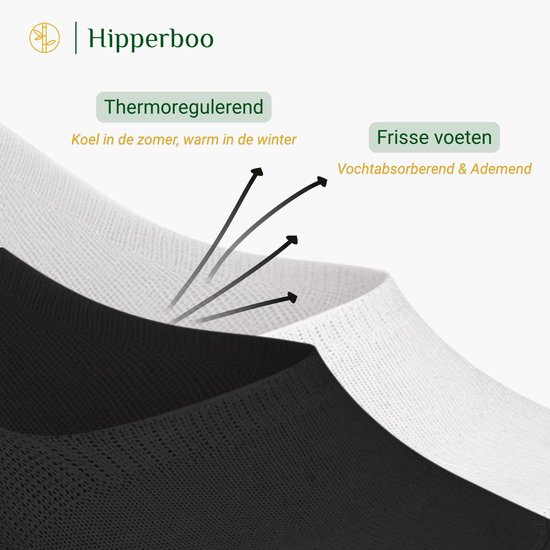 Twee paar Hipperboo enkelsokken, één wit en één zwart, met tekst 'Thermoregulerend' en 'Frisse voeten'.