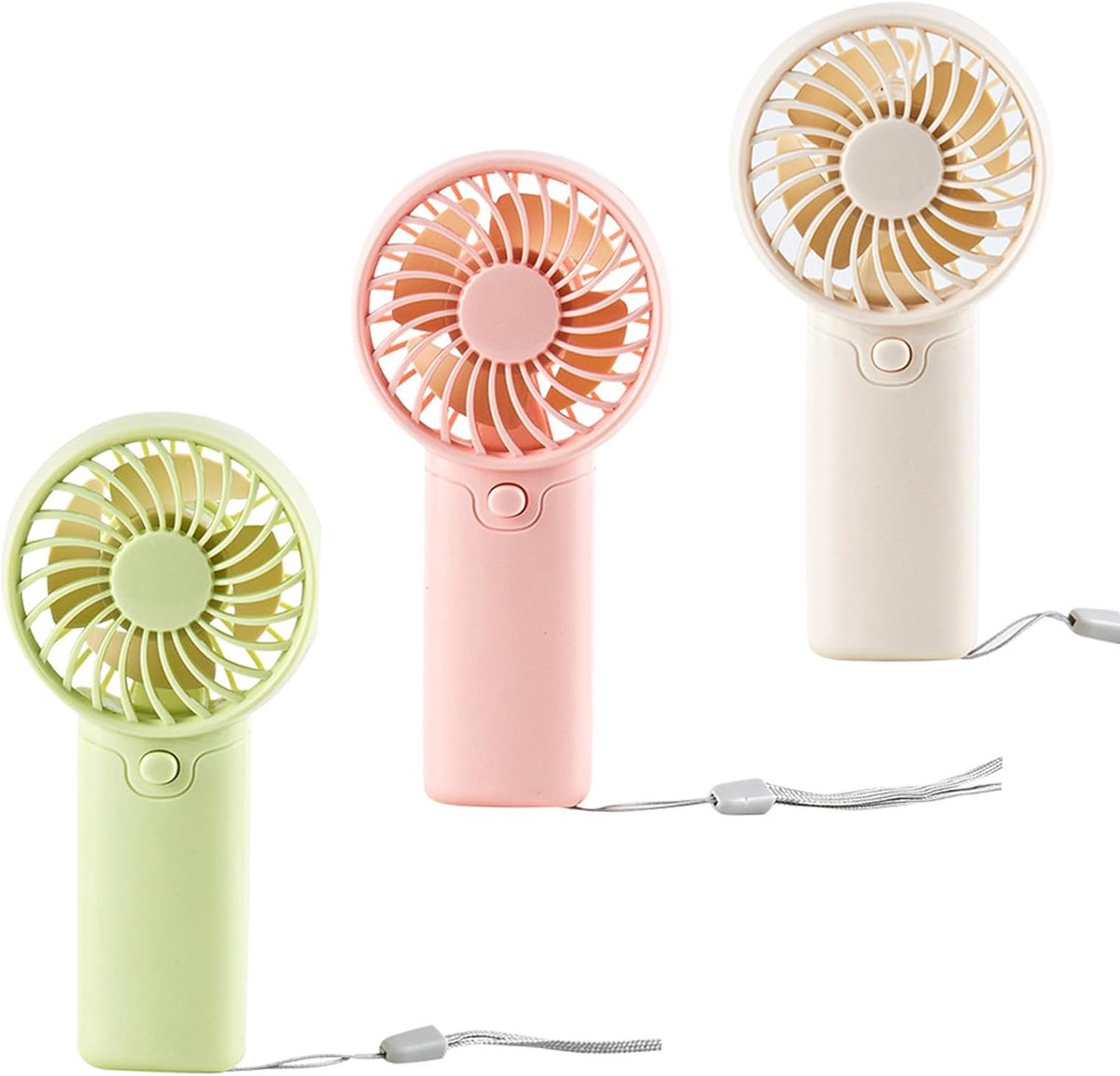 Draagbare ventilatoren - Set van 3 - Miniventilatoren - Geschikt voor zomer/reizen/strand/kantoor/make-up - Handventilatoren - Lange batterijduur - Lichtgewicht - Stille werking - Inclusief draagkoord - Roze, wit, groen