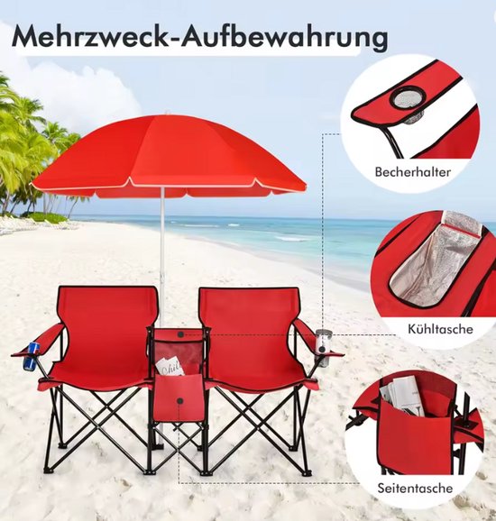 Luxe Dubbele Strandstoel met Verstelbare Parasol - Duo Klapstoel met Geïntegreerde Koelbox - Opvouwbaar & Lichtgewicht - Perfect voor Strand, Tuin of Camping - Rood van Luxe. — afbeelding 3