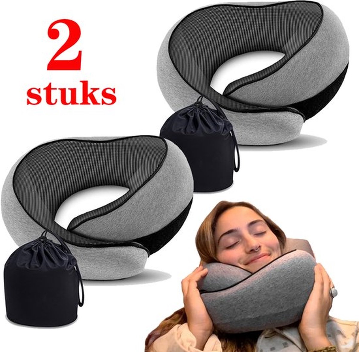 2 stuks Nekkussen voor Reizen - Geheugenschuim Nekkussen met Ergonomisch Design - Compact en Comfortabel voor Vliegtuig, Autorit en Thuisgebruik - Geschikt voor Volwassenen en Kinderen