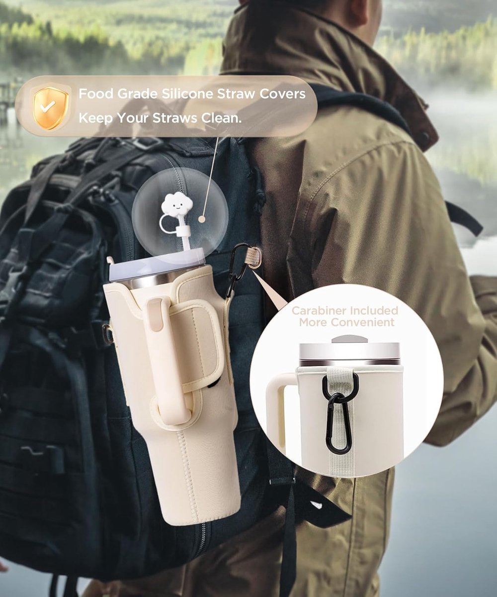 Waterfleshouder geschikt voor - stanley thermosfles stanley beker stanley drinkfles 40 oz - Draagtas - Bekerhouder - stanley cup accessoires - Schoudertas - Telefoonhouder - Beige – foto 4