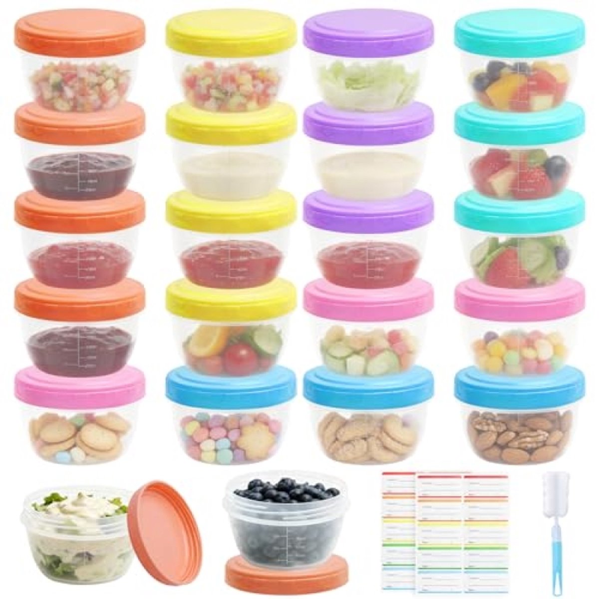 PromoHome 20 Stuks Kleine Voedselcontainers met Schaal, 120ml Lekvrij Bewaarbakjes met Deksel, Sticker, Borstel - Mini Sauspotjes voor Sauzen, Yoghurt, Snacks (6 Kleuren)