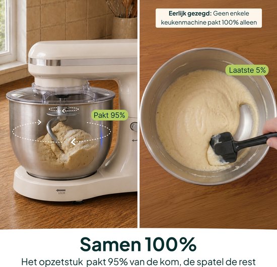 Twee delen: keukenmixer met deeg, en kom met spatel. Tekst: 'Samen 100%'.