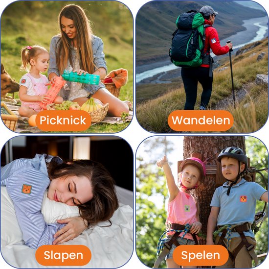Vier afbeeldingen met muggenwerende stickers: picnic, wandelen, slapen, spelen.