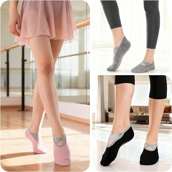 3 paar antislip sokken voor dames met siliconen - Pilates-sokken voor dames (zwart, grijs, roze), antislipontwerp, ideaal voor yoga, reformer, dans en fitness van Merkloos — afbeelding 5