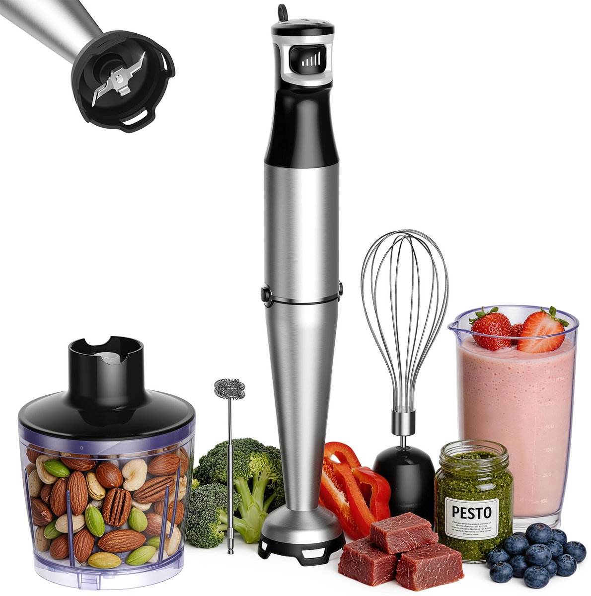 5-in-1 Staafmixer Set - Elektrische Hand blender – Krachtige 1100W Motor - Inclusief melkschuimer, garder, hakmolen, maatbeker - BPA-vrij