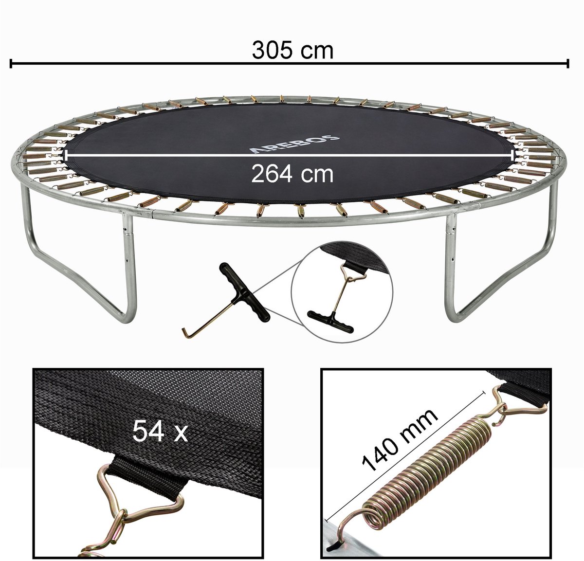AREBOS Trampoline Springmat Ø264 cm voor Ø305 cm Trampoline 54 Ogen UV-Bestendig PP Belastbaar tot 150 kg Zwart