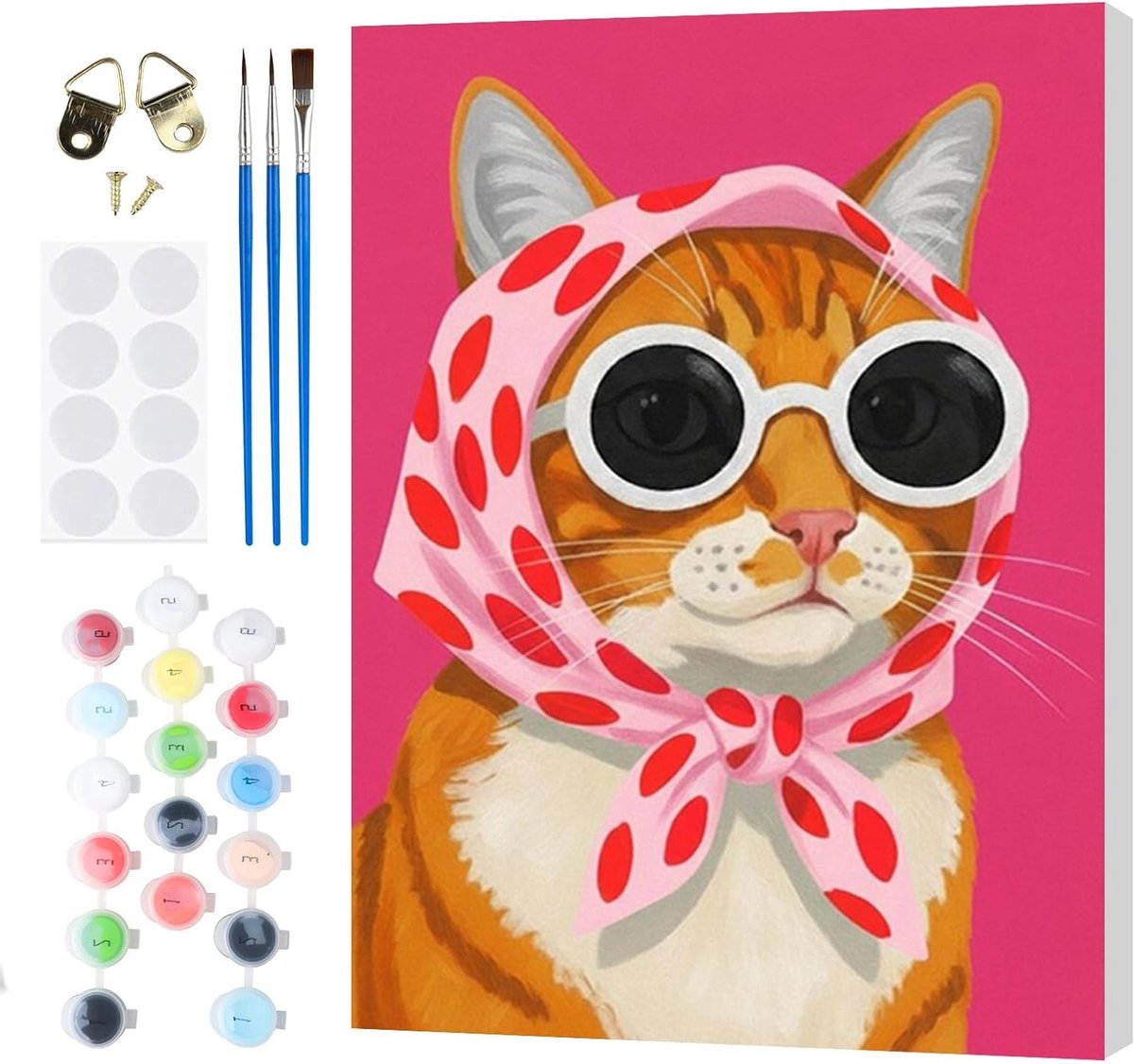 Kat schilderen op nummer set, 20 x 30 cm, voor volwassenen en kinderen, inclusief houten frame, kwast en olieverf, perfect als cadeau en creatieve activiteit