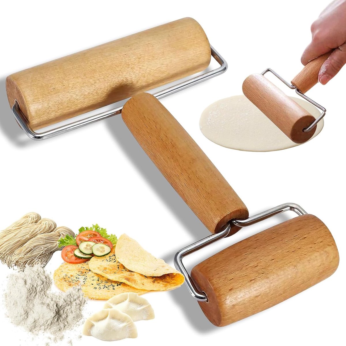 Houten Dubbele Deegroller 17,5 cm voor Pasta, Pizza en Taartdeeg - Antiaanbak