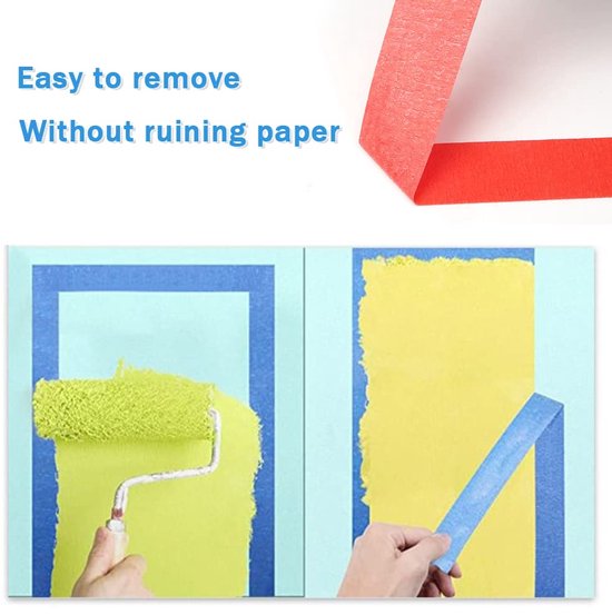Rode en blauwe schilderstape op een gele achtergrond, met een roller en een hand die tape verwijdert.