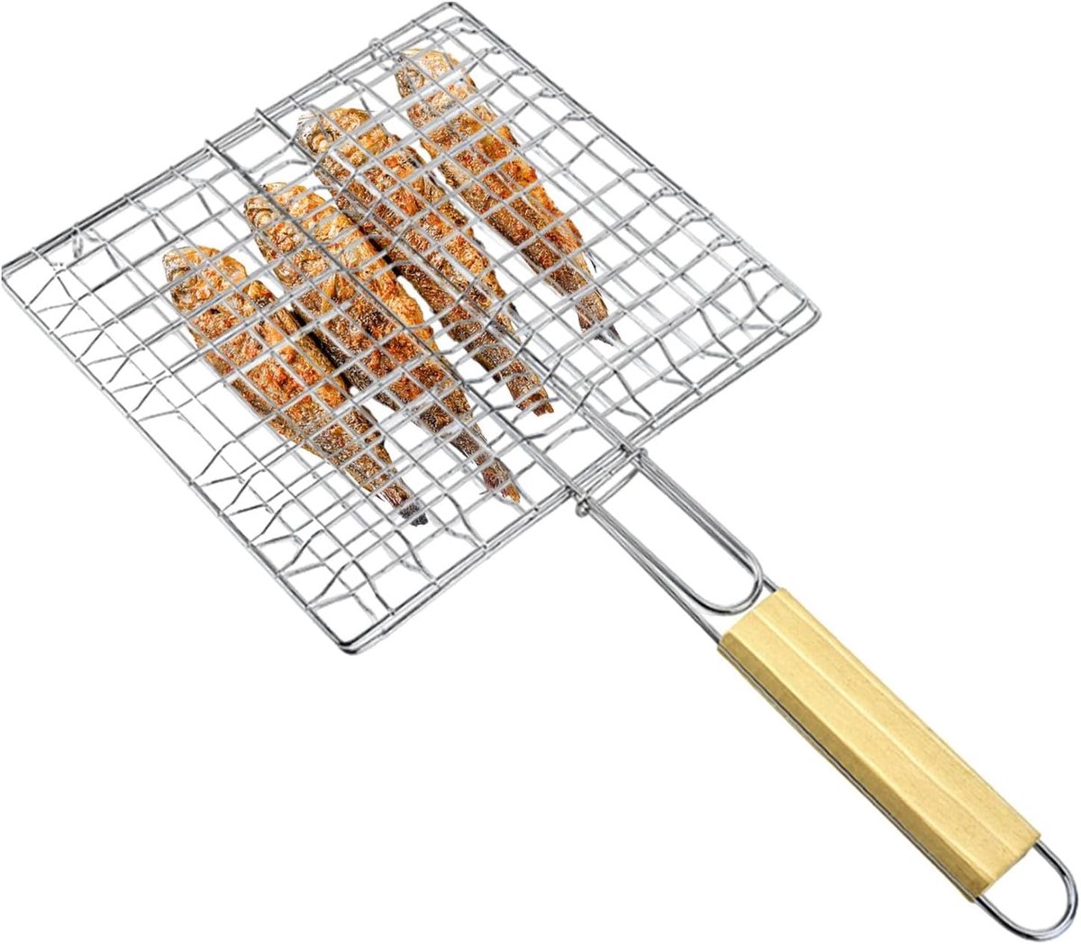 Visgrillrek - BBQ mand groenten - Buiten koken - Hout handvat - 42x23cm