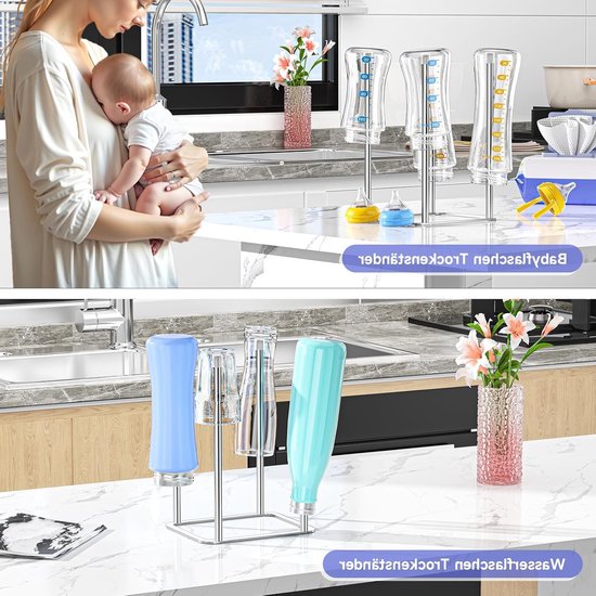 Droogrek voor Flessen en Bekers - RVS Flessenhouder voor Babyflessen, Herbruikbare Stand voor Drupwater en Plastic Tassen — afbeelding 5