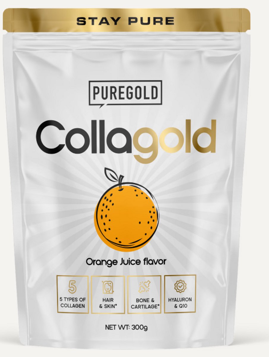 Pure Gold CollaGold Collageen Poeder – 300g – 25 Porties – 5 Types Collageen met Hyaluronzuur, Q10, Vitamine C & Zink – Sinaasappel