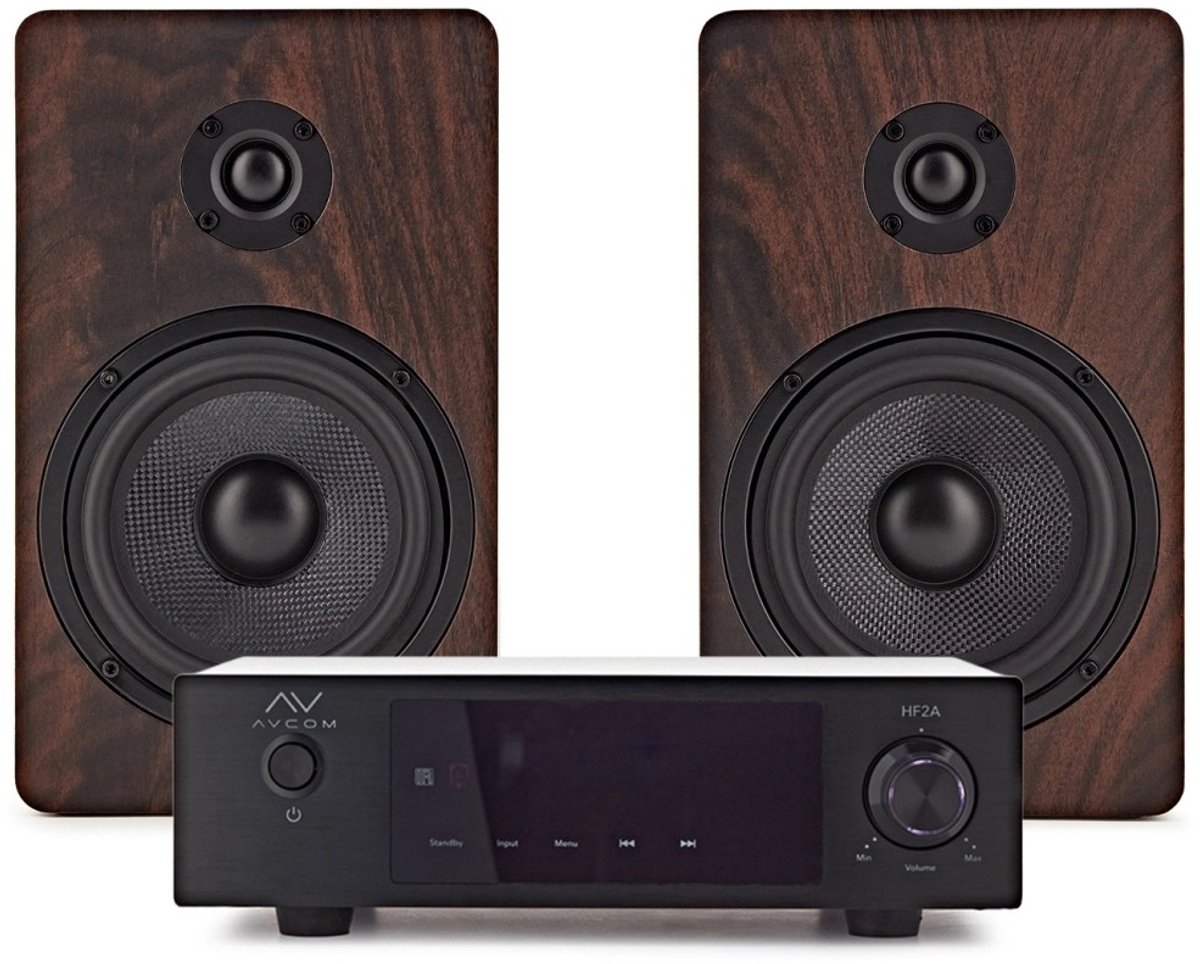 AVCOM Solid State-versterker met passieve luidspeakers, walnoot