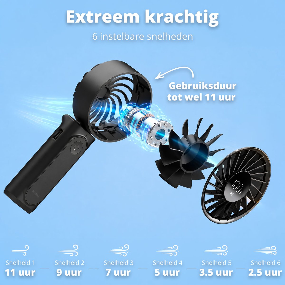FlinQ Handventilator VoltAir - Draagbare Ventilator - Mini Fan Oplaadbaar - Kleine Portable Ventilator met USB - Draadloze Tafelventilator - Zwart — afbeelding 4
