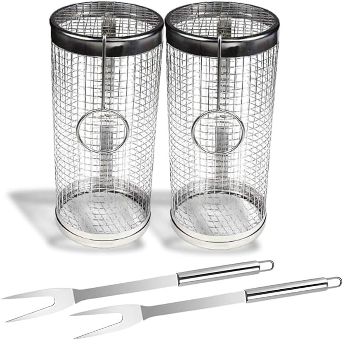 RVS Cilinder Grillmand - 2 stuks - BBQ Accessoire met Haken en Vork