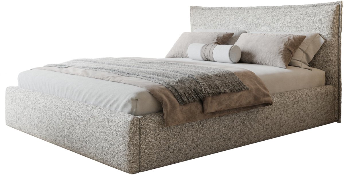 Bed 160x200 - gestoffeerd bed met bedkast en houten frame - elegante bedden - zachte Puentestof - collectie Rimini, Beige Melange
