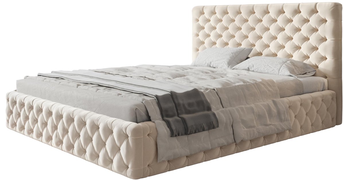 Bed 160x200 - gestoffeerd bed met bedkast en houten frame - elegante bedden - zachte jasmijnstof - collectie Miami, beige