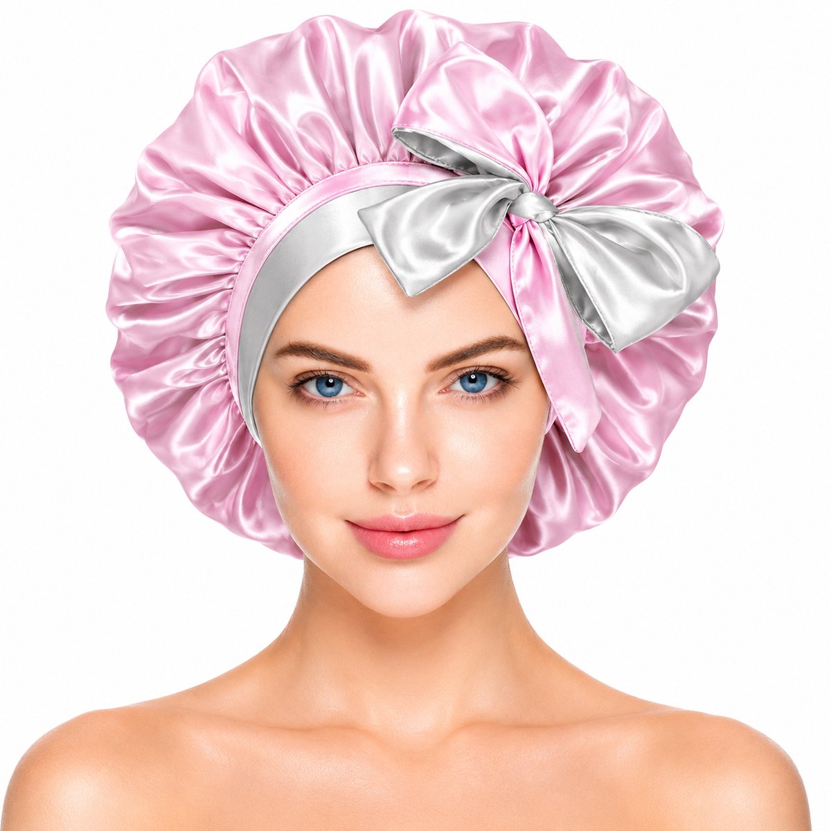 Dubbelzijdige Satijnen Slaapmuts met verstelbare hoofdband - Bonnet van Satijn - Haarnetje - Licht Roze/Zilver