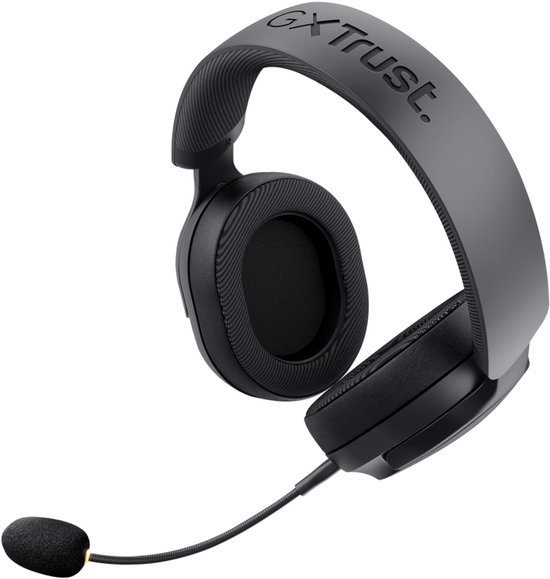 Zwarte draadloze gaming headset met 'GX Trust' op de hoofdband en een verstelbare microfoon.