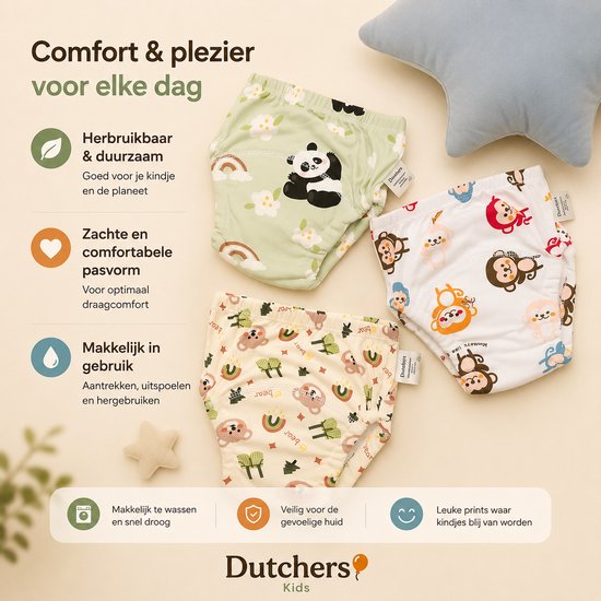 Drie oefenbroekjes met prints van een panda, kat en beren.