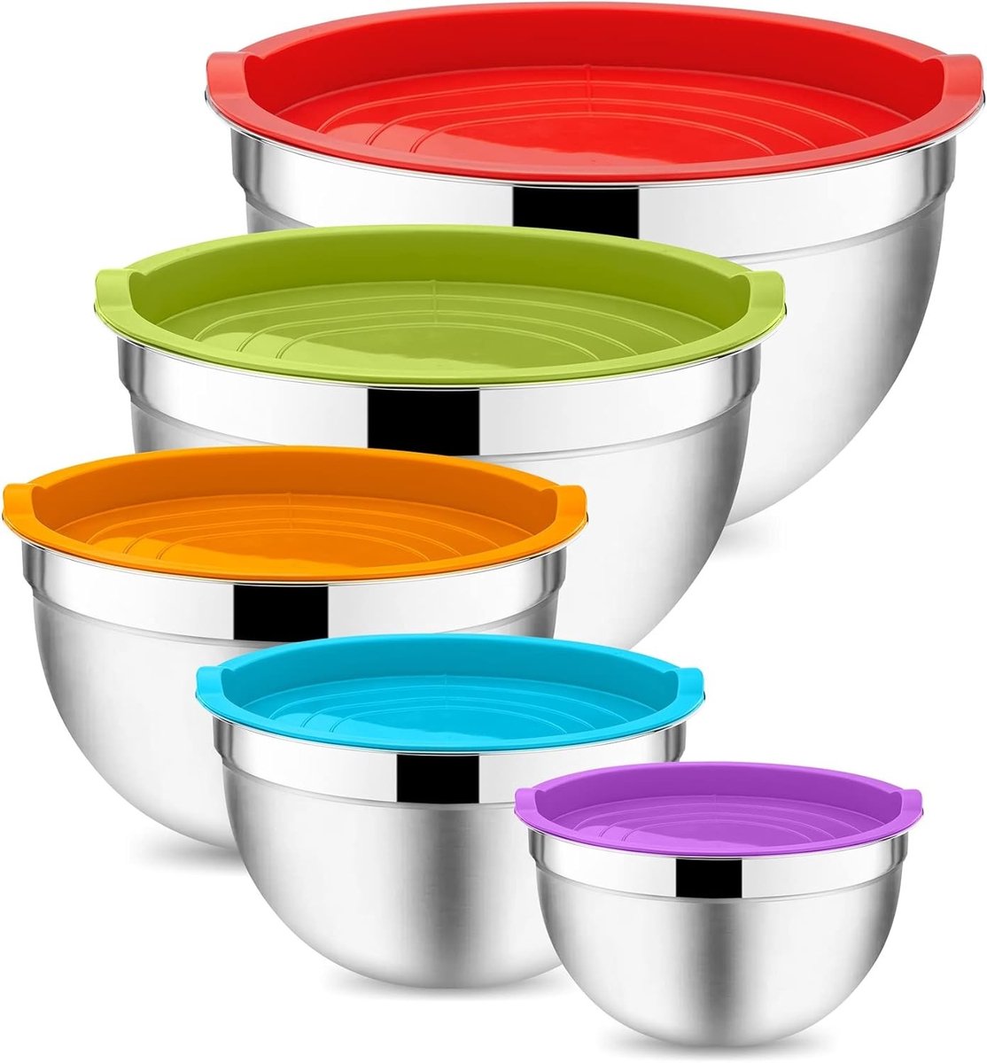 Set van 5 RVS Mengkommen met Luchtdichte Deksel, Ideaal voor Salades, Bakken en Koken, Stapelbaar en Vaatwasserbestendig, Capaciteit van 0.7L tot 4.6L