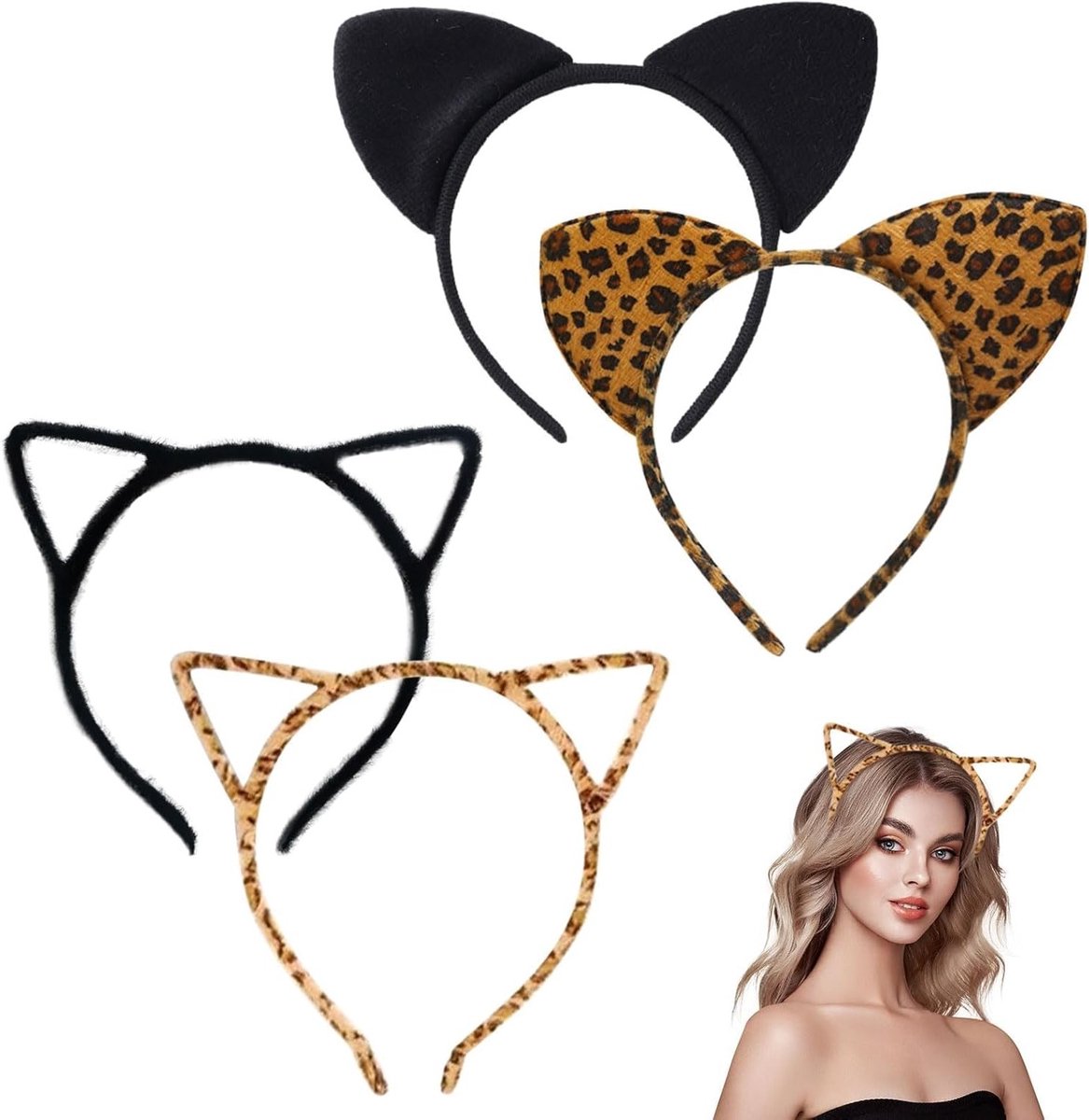 4 Stuks Dieren Haarbanden voor Volwassenen en Kinderen met Kattenoren voor Halloween en Feestjes, Perfecte Accessoire voor Dierenkostuums en Verkleedpartijen