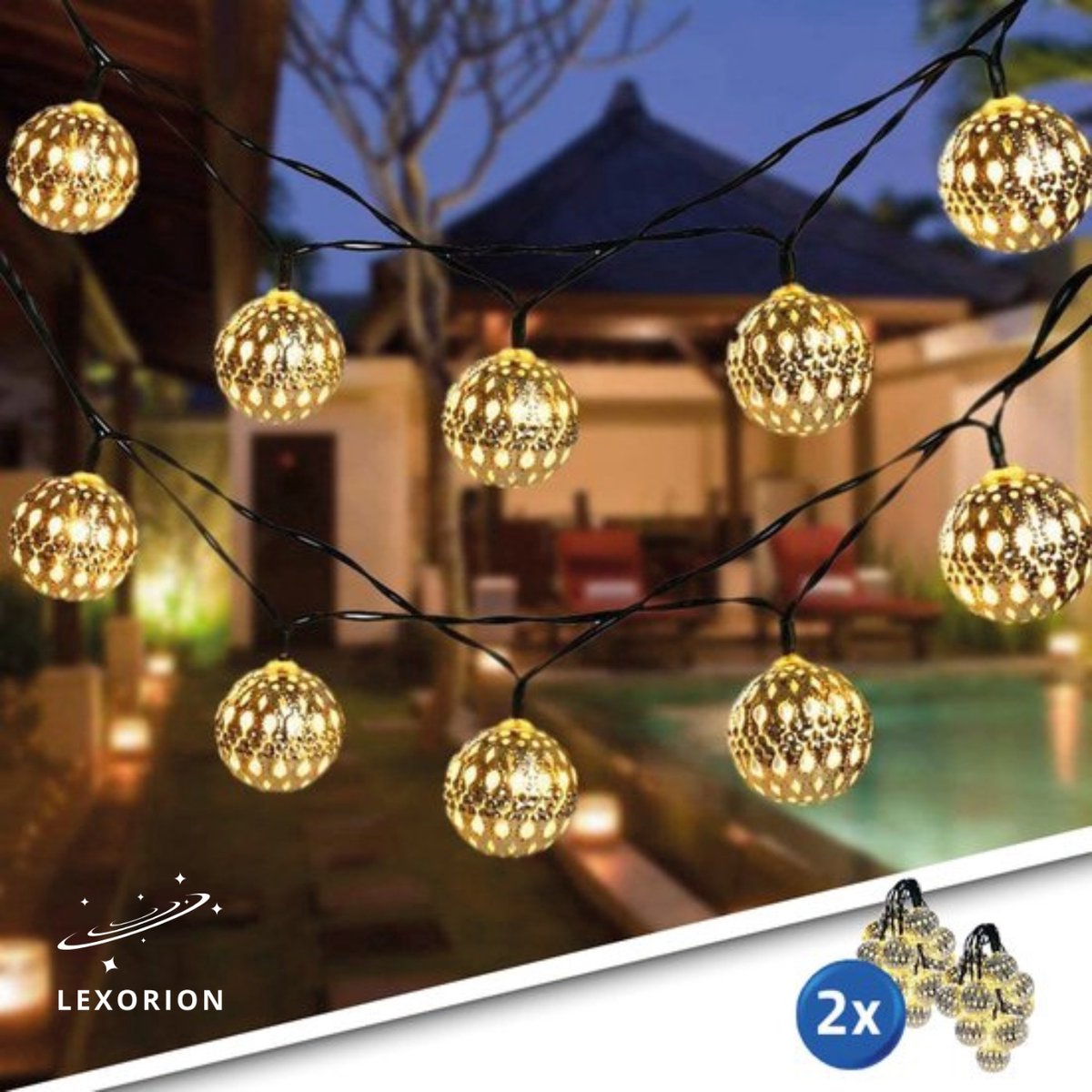 Lexorion Solar lichtsnoer Marrakech 2 stuks 5 meter – Warm wit – Zonne-energie tuinverlichting – Buiten lichtsnoer set