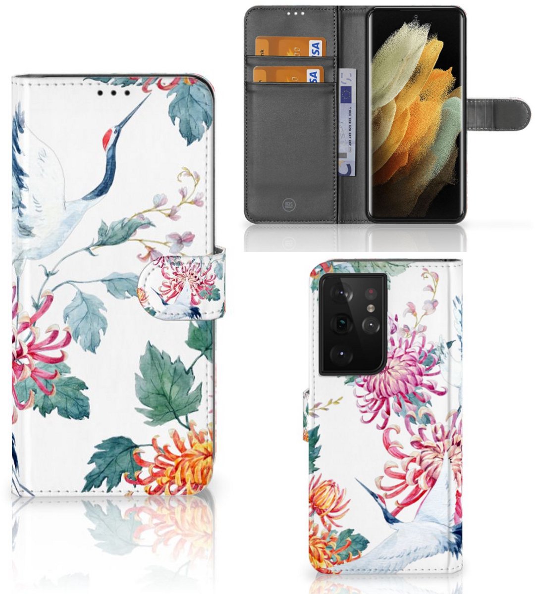Samsung Galaxy S21 Ultra Telefoonhoesje met Pasjes Bird Flowers