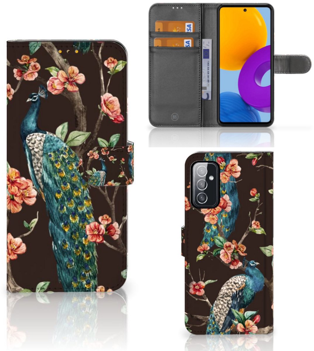 Samsung Galaxy M52 Telefoonhoesje met Pasjes Pauw met Bloemen