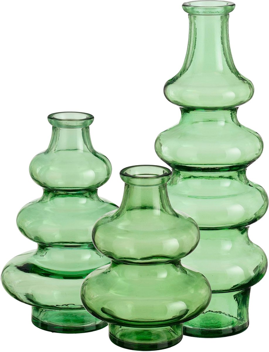 Mica Decorations Bloemenvaas Sira - 3x - transparant glas - groen - 3 maten - vaas - sierlijk model