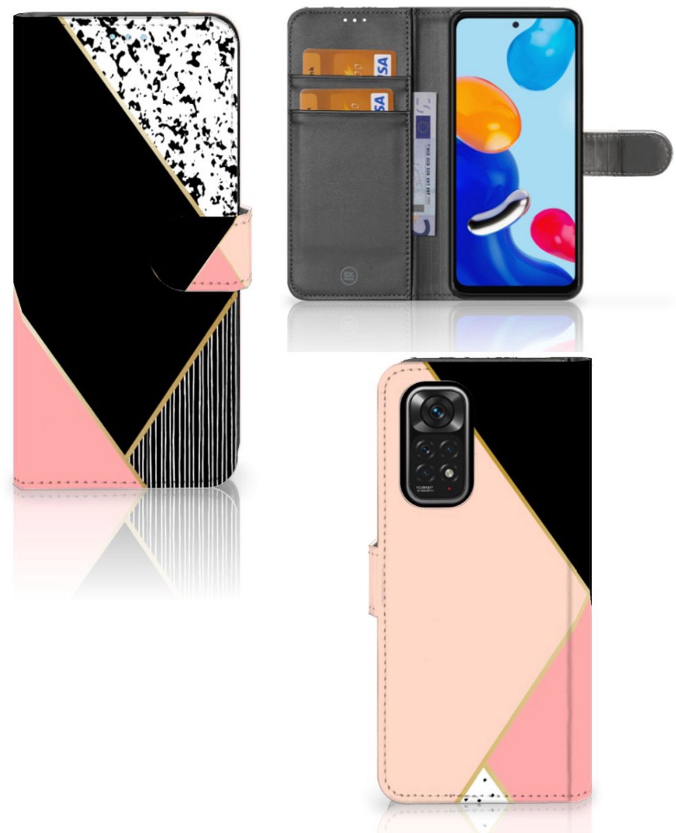 Xiaomi Redmi Note 11/11S Book Case Zwart Roze Vormen