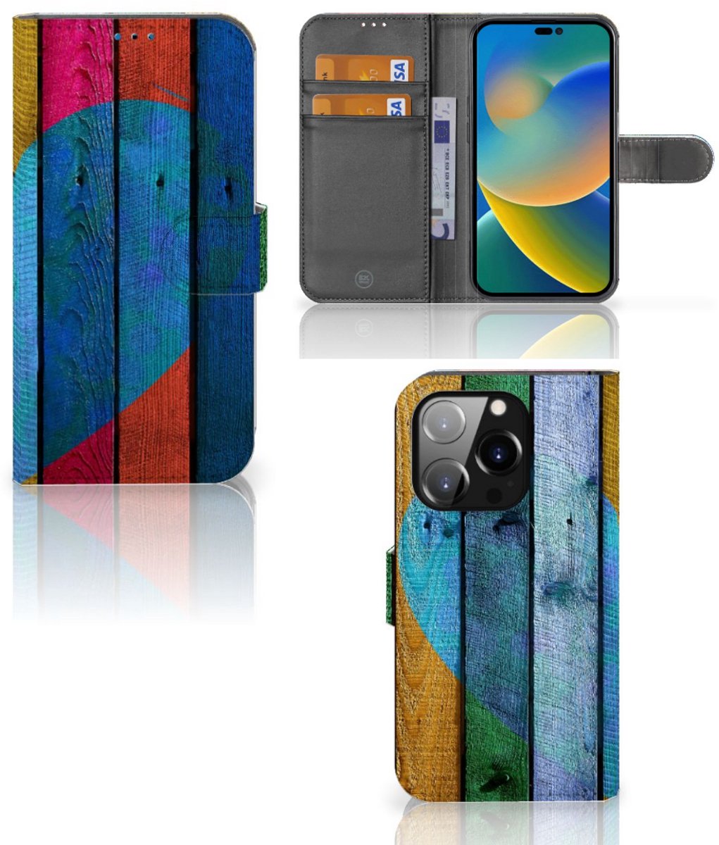 iPhone 14 Pro Book Style Case Wood Heart - Cadeau voor je Vriend