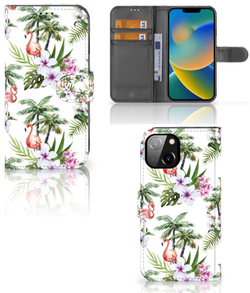 Book Case voor Apple iPhone 14 Telefoonhoesje met Pasjes Flamingo Palms