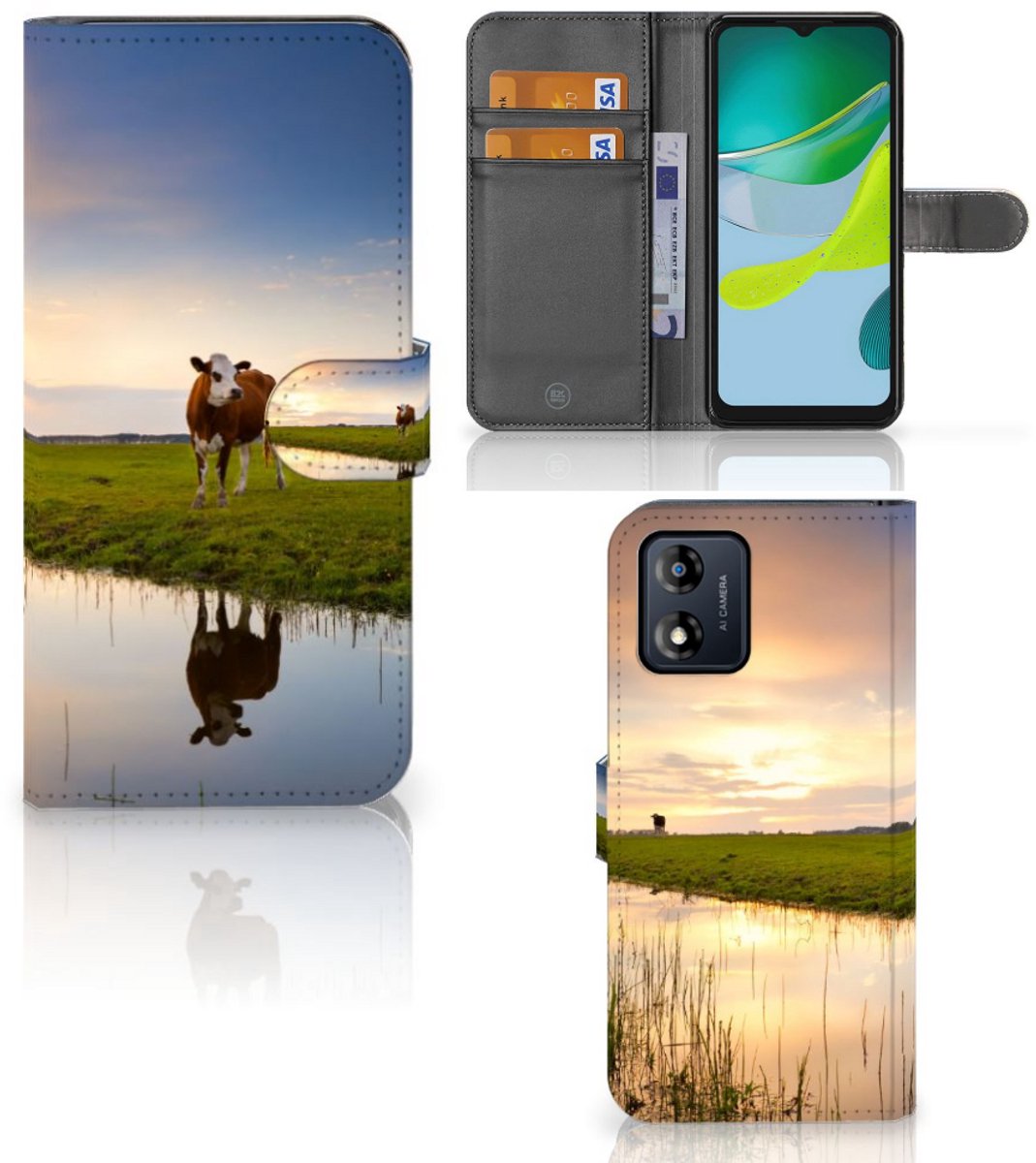 Motorola Moto E13 4G Telefoonhoesje met Pasjes Koe