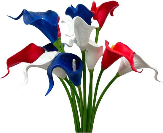 Kunstmatige Calla Lelies - Nep Bloemen Boeket - Bruiloft Decoratie - Onderhoudsvrij - 33 cm Hoog - Rood Wit Blauw