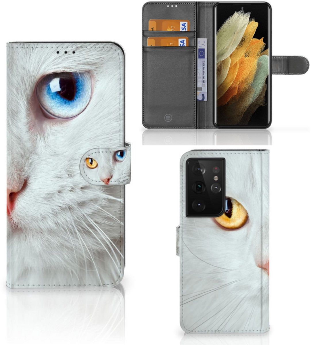 Samsung Galaxy S21 Ultra Telefoonhoesje met Pasjes Witte Kat