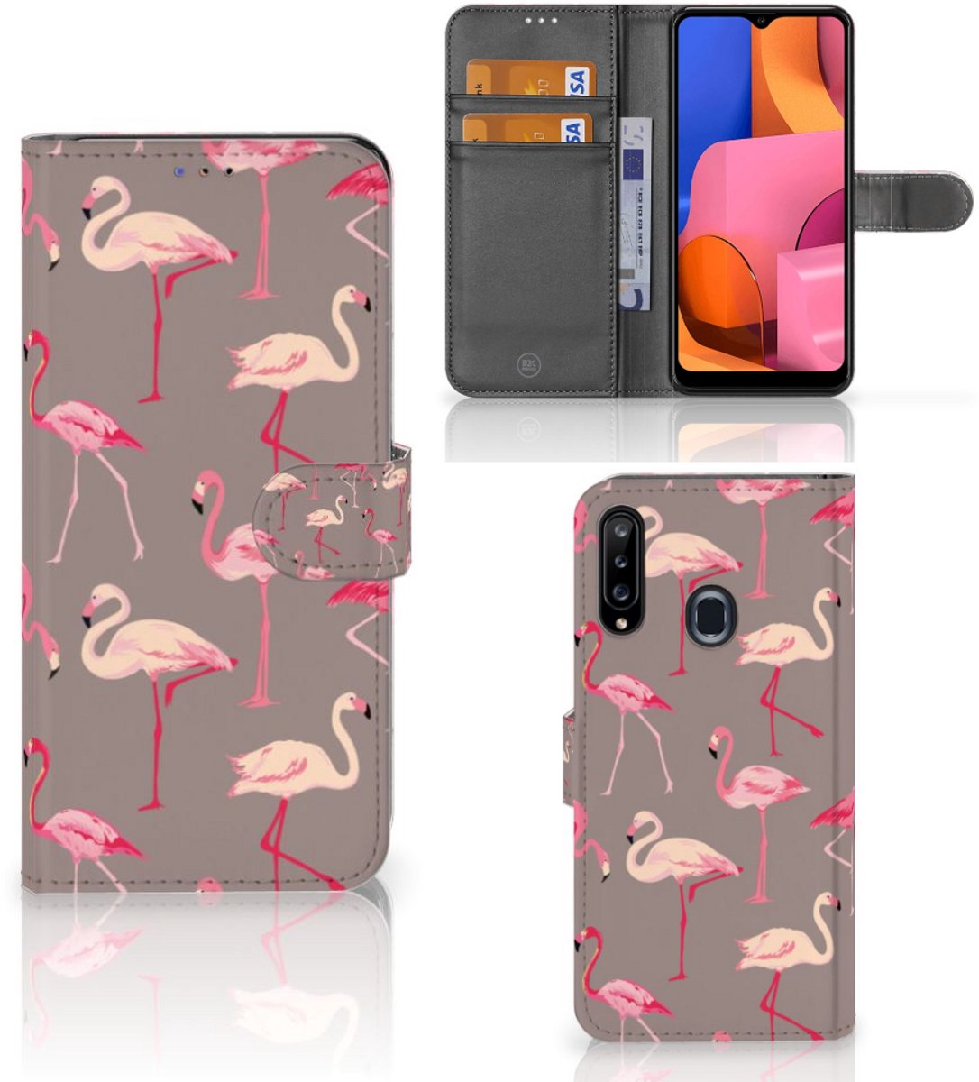 Book Case voor Samsung Galaxy A20s Telefoonhoesje met Pasjes Flamingo