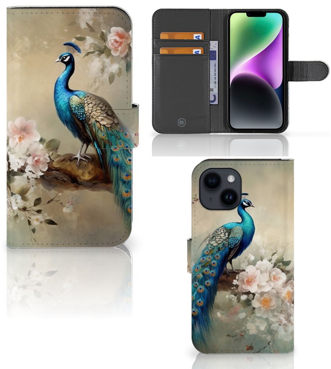 Telefoonhoesje met Pasjes voor iPhone 15 Vintage Pauwen