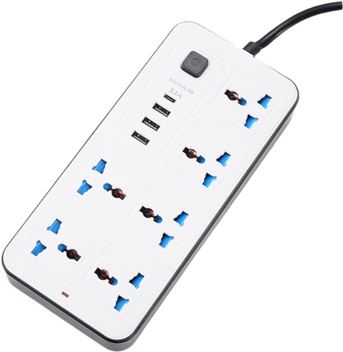 Universeel stekkerblok met verlengsnoer van 2 meter, USB-C- en USB-poorten, meerdere stopcontacten, wit.