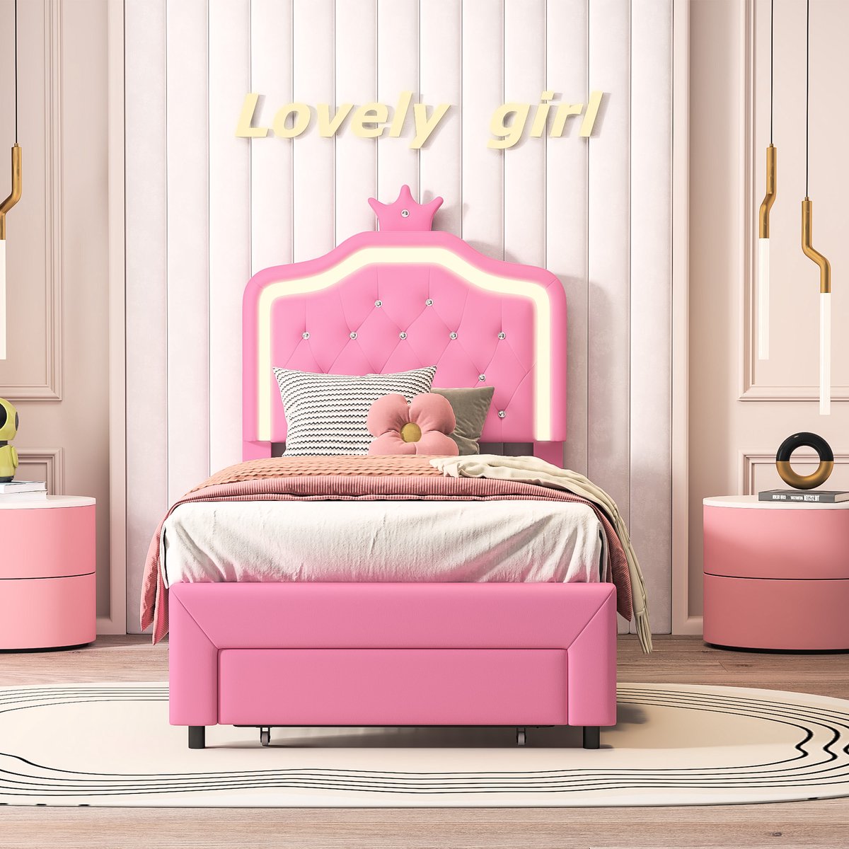 ROSAHQNDA Kinderbed met ledverlichting en lade, 90x200 cm, gewatteerd hoofdeinde, meisjesbed/prinsessenbed/jeugdbed, PU-stof, roze