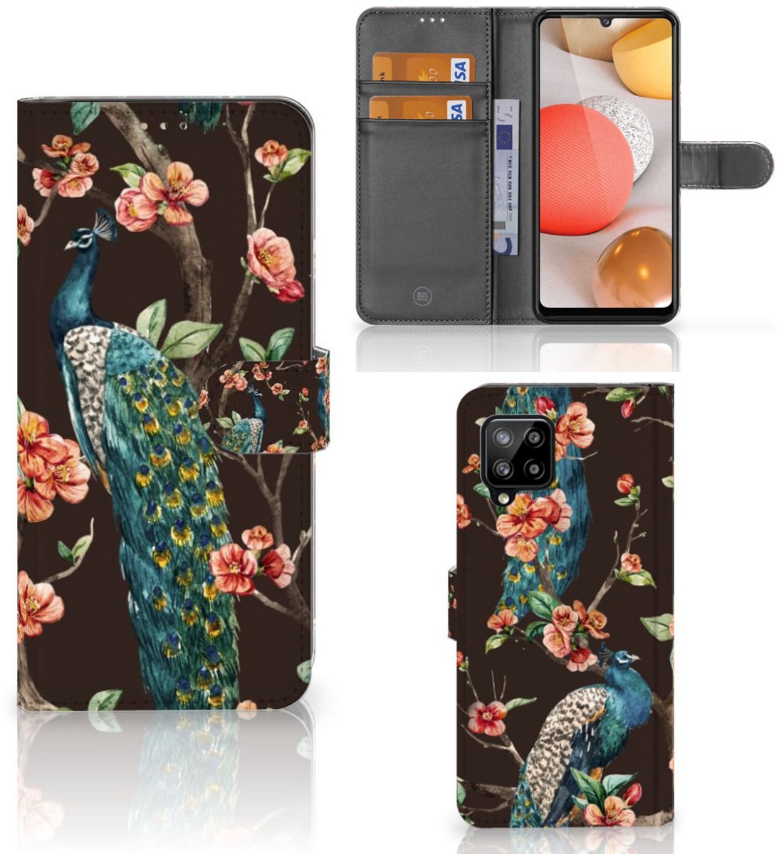 Samsung Galaxy A42 5G Telefoonhoesje met Pasjes Pauw met Bloemen