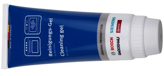 Blauwe tube reinigingsgel voor ovens, met de tekst 'Reinigings-Gel' en 'Cleaning gel'.