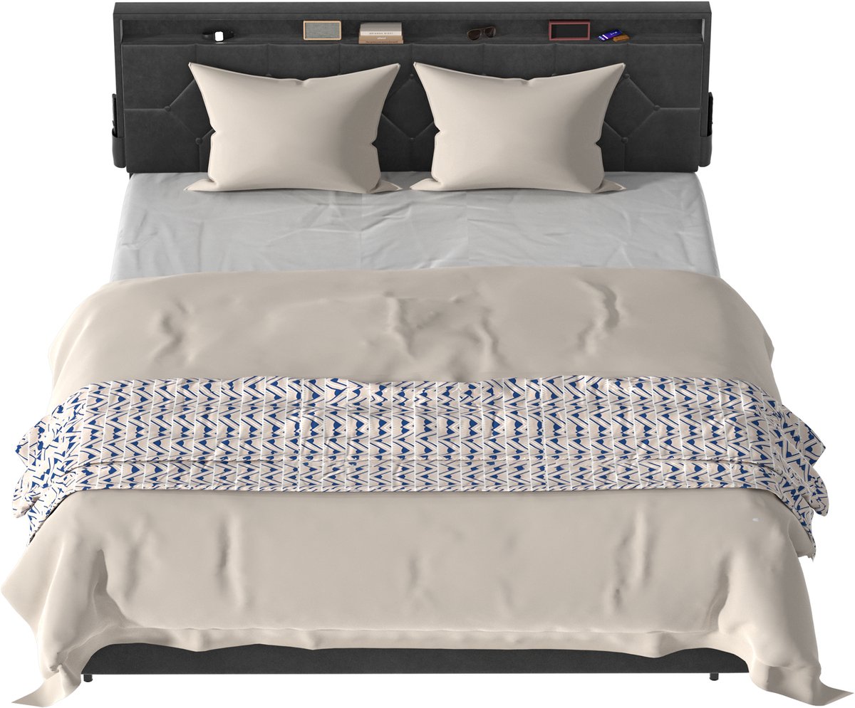 Froadp Platformbed van stof 140 x 200 cm, gestoffeerd hoofdeinde, bedframe voor eenpersoonsbed, bedframe in donkergrijs, modern design voor de slaapkamer