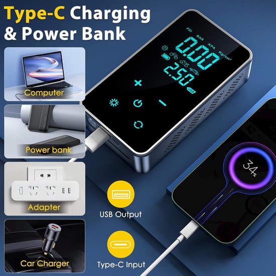 Fietspomp - Fietspomp elektrisch - Elektrische luchtpomp - Draagbare luchtcompressor - Elektrische bandenpomp van 150 PSI - Draadloze elektrische luchtpompcompressor met touchscreen/verlichting - Voor motorfiets - Fiets en auto — afbeelding 3