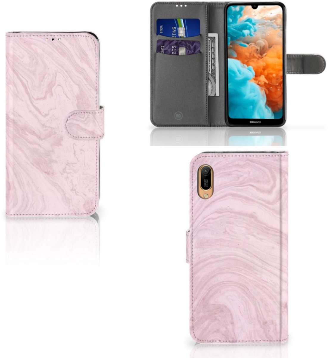 Huawei Y6 (2019) Bookcase Marble Pink - Origineel Cadeau Vriendin