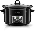 Zwarte Crock-Pot slowcooker met glazen deksel en digitaal display, met de instellingen 'Low' en 'High'.