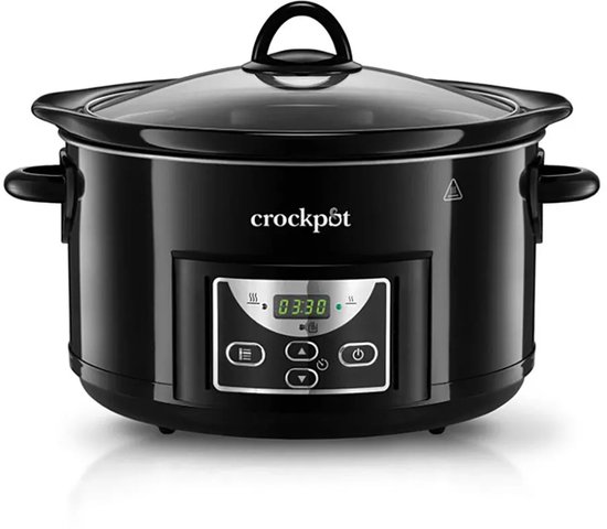 Zwarte Crock-Pot slowcooker met glazen deksel en digitaal display, met de instellingen 'Low' en 'High'.