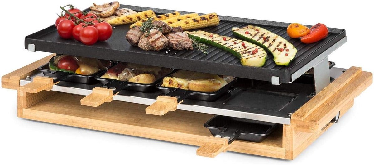 Raclette Grill - Elektrische Grillplaat - Gezellig Eten - Twee Grillzones - 395 x 255 cm - Houtdecor